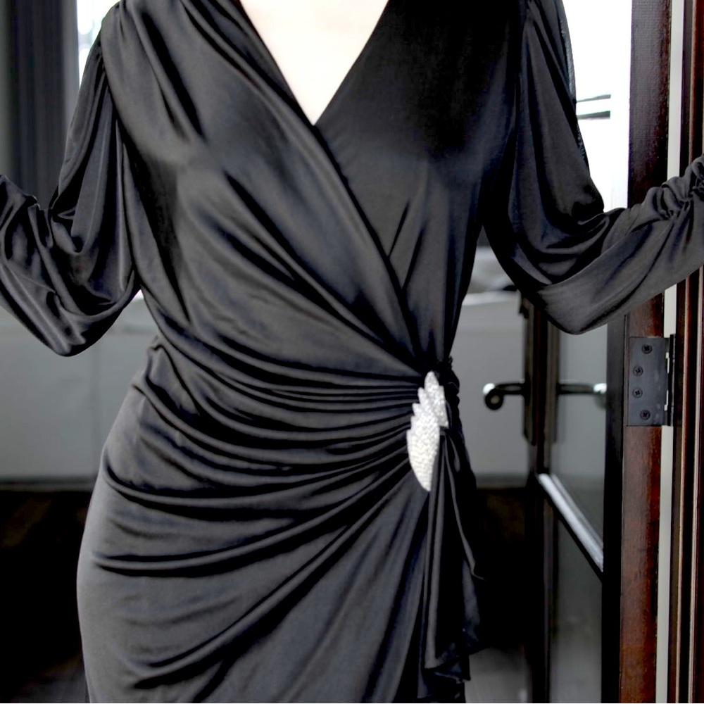 Vintage 1980s Black Formal Wrap Drape Dress with Beaded Brooch Closure.. Size 8